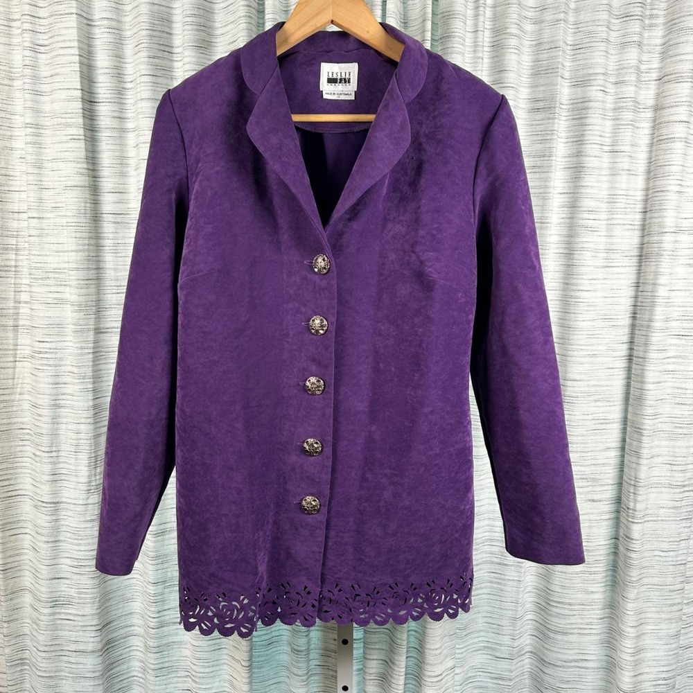 Blazer Purple Womens Size 12 Faux Suede Laser Cut Scallop Leslie Fay EUC